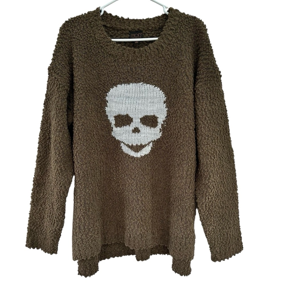 MOD Lusive Brown Skeleton Pullover Popcorn Crewneck Sweater NEW Size L